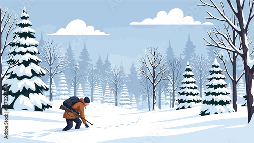 Hunter tracking animal signs across a snowy forest landscape, winter wilderness scene, flat vector illustration with solid colors for survival and hunting concepts