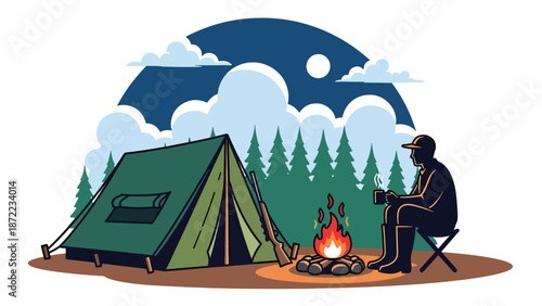 Hunter relaxing at a campsite after a day in the wilderness, tent and campfire in forest setting, flat vector illustration with solid colors for outdoor hunting lifestyle themes
