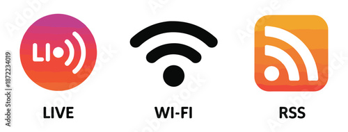 Set of broadcast icons featuring live streaming wifi and rss symbols in colorful circular and square designs for web