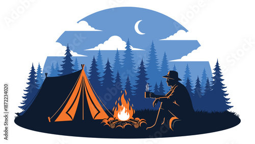 Hunter relaxing at a campsite after a day in the wilderness, tent and campfire in forest setting, flat vector illustration with solid colors for outdoor hunting lifestyle themes