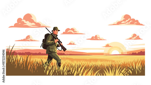 Hunter walking through tall grass at sunset carrying gear, peaceful rural landscape, flat vector illustration with solid colors for outdoor hunting and travel concepts
