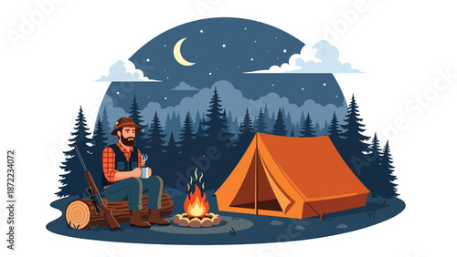 Hunter relaxing at a campsite after a day in the wilderness, tent and campfire in forest setting, flat vector illustration with solid colors for outdoor hunting lifestyle themes