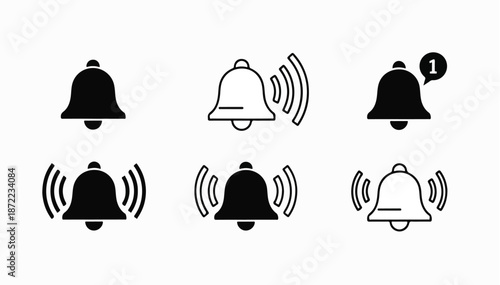 A set of six notification bell icons in black and white, with some featuring sound waves and a red notification symbol, on a plain white background.