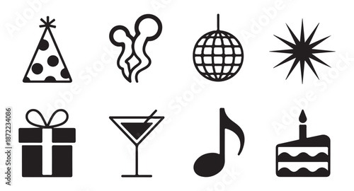 Set of celebration icons including party hat, streamers, disco ball, starburst, gift, cocktail, music note, cake