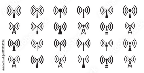 Black and white radio antenna icons collection showcasing various transmitter designs for wireless signal broadcast