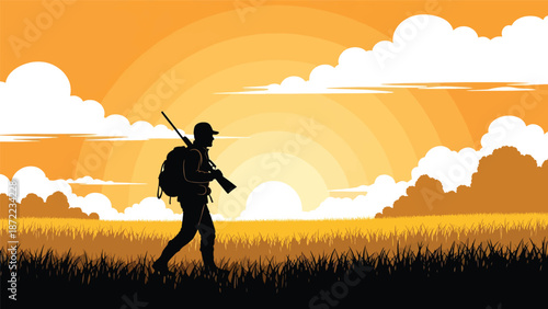 Hunter walking through tall grass at sunset carrying gear, peaceful rural landscape, flat vector illustration with solid colors for outdoor hunting and travel concepts