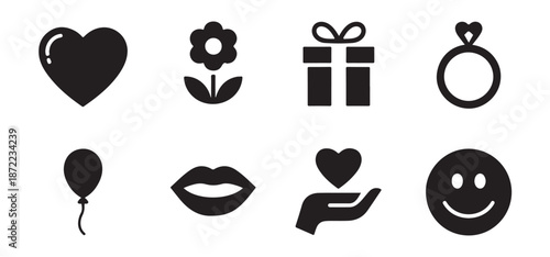 Set of eight black valentine icons including heart flower gift ring balloon lips hand heart smiley face