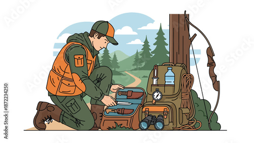 Hunter preparing equipment before heading into the wilderness, organized gear and forest trail background, flat vector illustration with solid colors for hunting preparation themes