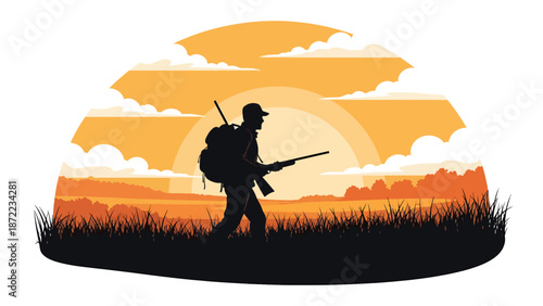Hunter walking through tall grass at sunset carrying gear, peaceful rural landscape, flat vector illustration with solid colors for outdoor hunting and travel concepts