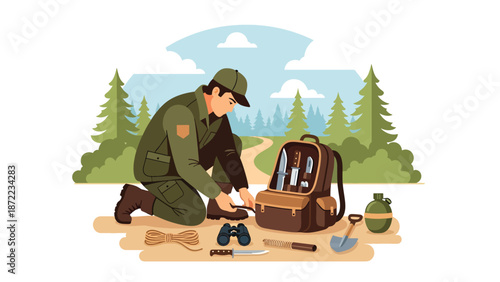 Hunter preparing equipment before heading into the wilderness, organized gear and forest trail background, flat vector illustration with solid colors for hunting preparation themes
