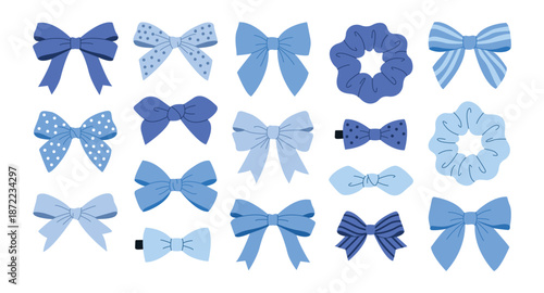 Blue hair accessories set with cute bows, barrettes, and ties. Fashionable hairpins collection