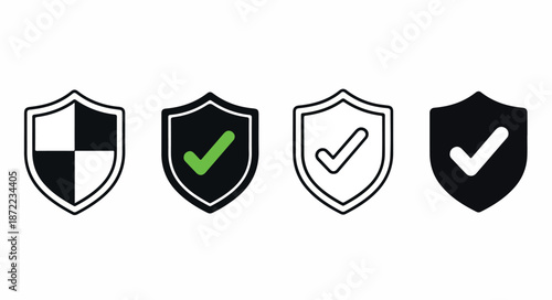 Four shield icons with checkmarks and a chessboard pattern on a plain white background.