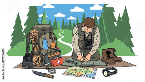 Hunter preparing equipment before heading into the wilderness, organized gear and forest trail background, flat vector illustration with solid colors for hunting preparation themes