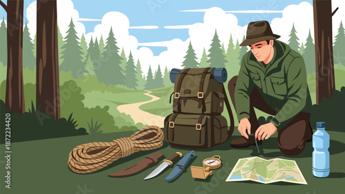 Hunter preparing equipment before heading into the wilderness, organized gear and forest trail background, flat vector illustration with solid colors for hunting preparation themes