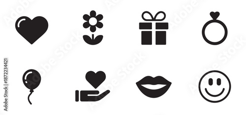 Minimalist love icons including heart flower gift ring balloon hand holding heart lips and smiley face graphics