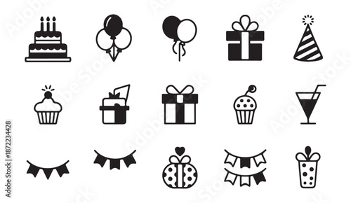 Assorted party icons set with birthday cake balloons gift boxes festive hats cupcakes bunting flags and cocktails