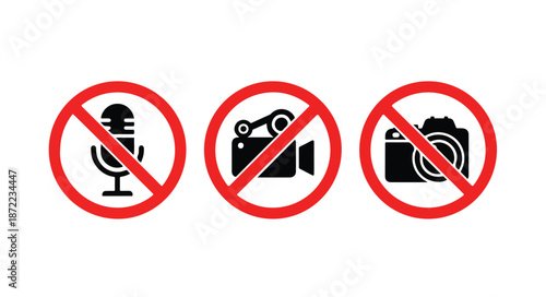 Flat lay of three no photography and recording icons in red circles on white background.