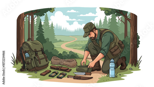 Hunter preparing equipment before heading into the wilderness, organized gear and forest trail background, flat vector illustration with solid colors for hunting preparation themes