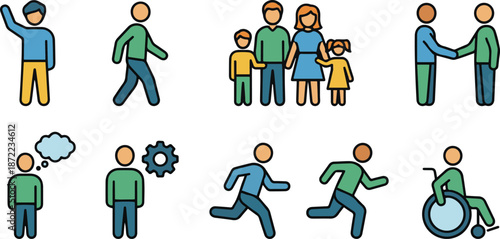 Vector icon set representing various human activities and interactions, such as family, walking, running, shaking hands, thinking, and accessibility, in a flat line-art style isolated on a white backg