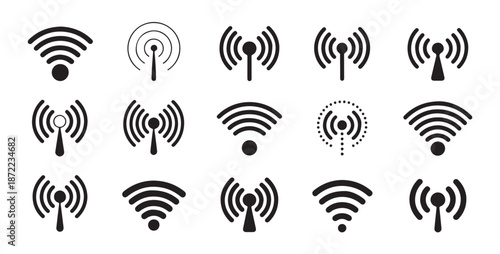 Group of wifi connection icons with antenna and waves variations for wireless network strength