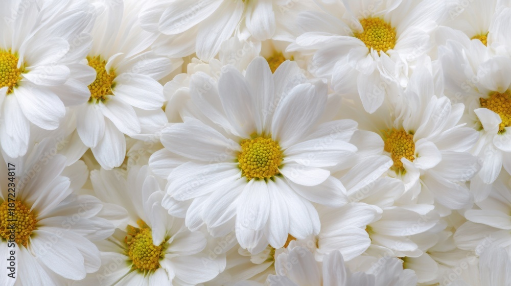 Obraz premium Macro floral texture of chamomile petals filling the entire frame, soft white petals with yellow center tones, seamless natural pattern, ultra