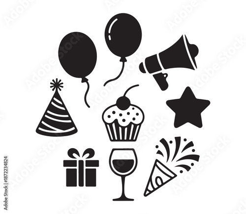 Black silhouette icons for party and celebration gifts wine glass cupcake hat star megaphone party popper balloons
