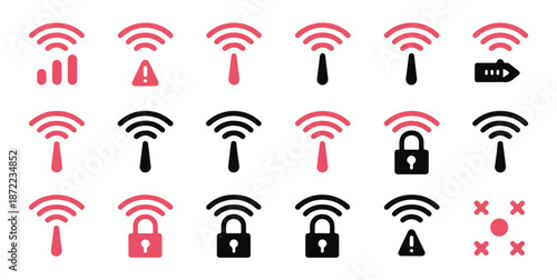 Radio antenna and broadcast signal icons showing full bars weak connection security protection and internet access status vector