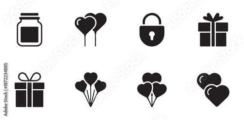 Group of eight distinct black silhouette icons for romance party and gift giving occasions