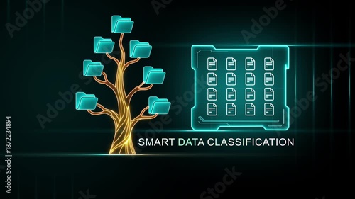 Digital tree with folders and data grid representing smart data classification data sorting data categorization