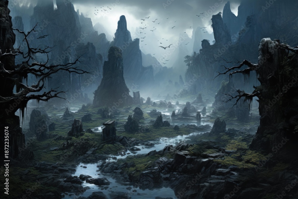 Naklejka premium Misty fantasy wasteland with ancient gnarled trees, winding river, and flock of birds under a stormy sky