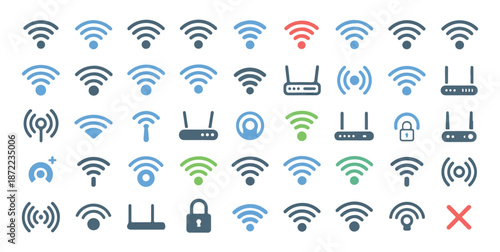 Collection of various color icons representing wireless internet signal strength and network equipment
