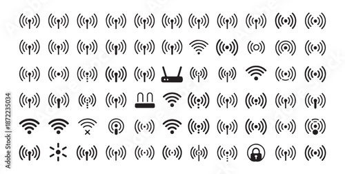 Large collection of fifty six monochromatic radio signal icons showing various wireless network connections security and transmission status