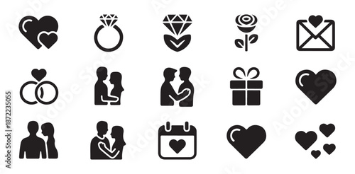 Valentine day icon set with romantic elements heart ring couple rose envelope gift calendar and diamond for lovers