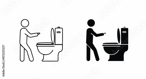 Two simple illustrations of people standing beside toilets in black and white, one outlined and one solid, against a clean white background.