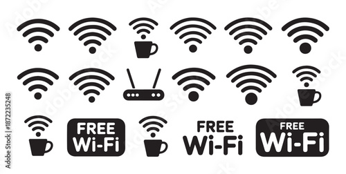 Variety of solid black wifi signal icons combined with coffee cups and text for connectivity status