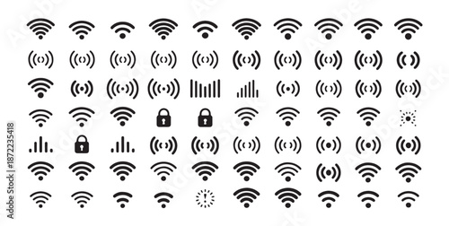 Comprehensive vector icon set of various wifi signal strengths security lock symbols and network bar indicators