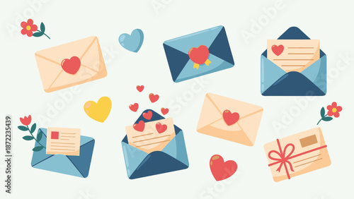 Assorted envelopes and hearts in a whimsical illustration depicting love letters and affectionate sentiments