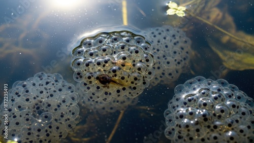 A cluster of frog eggs in a pond, with tadpoles developing, captured in close-up