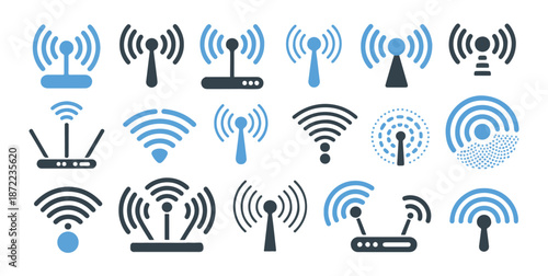 Set of 18 blue and dark blue wireless signal and antenna icons featuring router and broadcast symbols on white