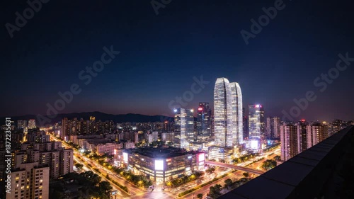 Wallpaper Mural Epic Dusk to Night Time Lapse Reveals Illuminated City Skyscrapers and Street Traffic Trails Against Twilight Sky Torontodigital.ca