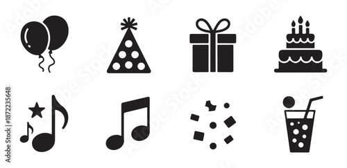 Set of black party icons including balloons, party hat, gift, birthday cake, music notes, confetti, and drink