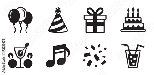 Set of black party icons with balloons, party hat, gift, birthday cake, cocktails, music note, and confetti