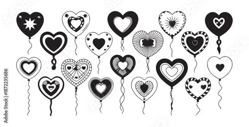 Valentine day heart balloons set outline style collection of different holiday air balls with love symbols