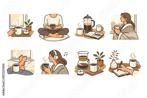 Cozy Home Coffee and Tea Rituals Illustration Set