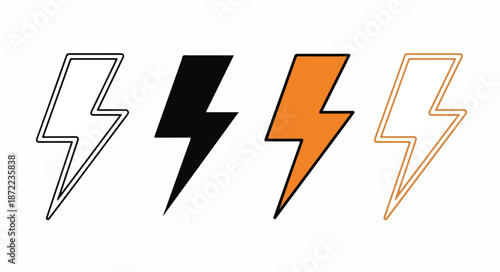 A set of four lightning bolt icons in black, white, orange, and gray colors on a plain white background.