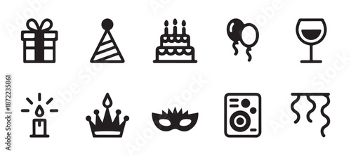 Set of celebration icons including gift, party hat, birthday cake, balloons, wine glass, candle, and speaker