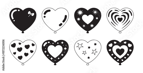 Heart shaped balloon icon set black and white collection of romantic air balls with various cute decoration