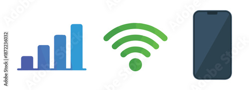 Signal bars wifi symbol and smartphone on white background indicating mobile connection and internet access