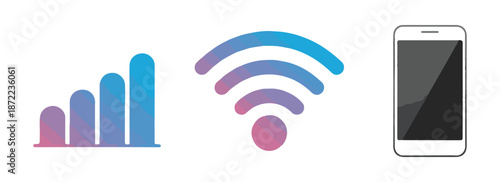 Signal bars wifi icon and smartphone with gradient colors indicating wireless connectivity and mobile internet