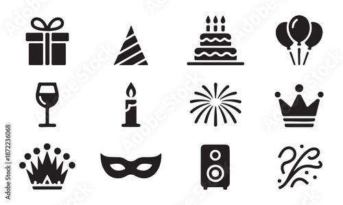 Set of black party icons including gift, hat, cake, balloons, wine glass, candle, fireworks, crown, mask, speaker